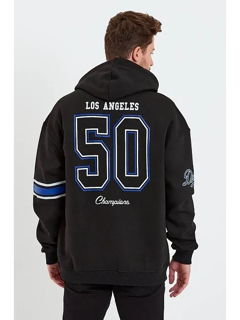 Erkek 3 İplik Pamuklu Kapüşonlu Baskılı Cepli Oversize Sweatshirt Hoodie - Siyah