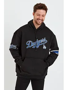 Erkek 3 İplik Pamuklu Kapüşonlu Baskılı Cepli Oversize Sweatshirt Hoodie - Siyah