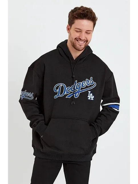 Erkek 3 İplik Pamuklu Kapüşonlu Baskılı Cepli Oversize Sweatshirt Hoodie - Siyah