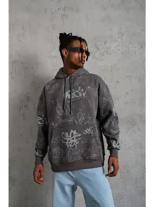 Erkek 3 İplik Pamuklu Kapüşonlu Kanguru Cepli Sweatshirt Hoodie -  Gri
