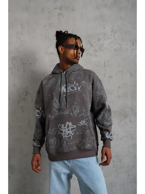 Erkek 3 İplik Pamuklu Kapüşonlu Kanguru Cepli Sweatshirt Hoodie -  Gri