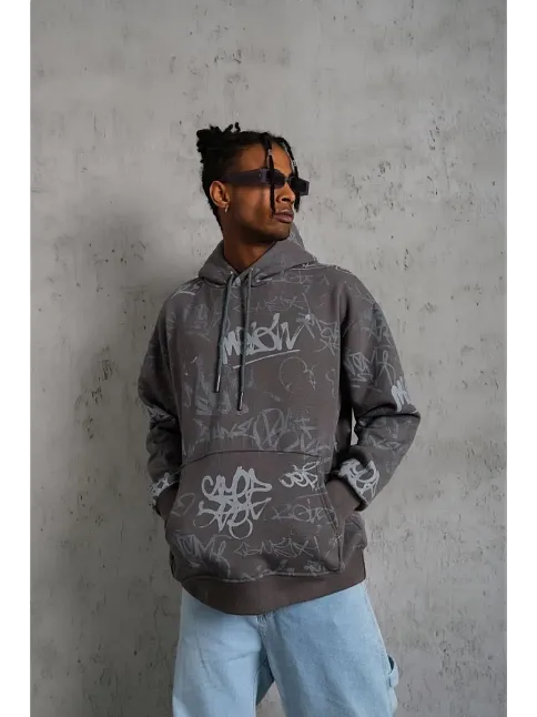 Erkek 3 İplik Pamuklu Kapüşonlu Kanguru Cepli Sweatshirt Hoodie -  Gri