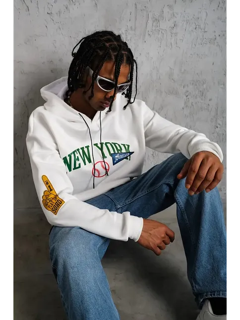 Erkek 3 İplik Pamuklu Kapüşonlu Baskılı Cepli Oversize Sweatshirt Hoodie - Beyaz