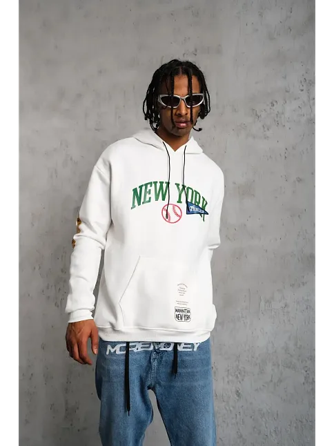 Erkek 3 İplik Pamuklu Kapüşonlu Baskılı Cepli Oversize Sweatshirt Hoodie - Beyaz