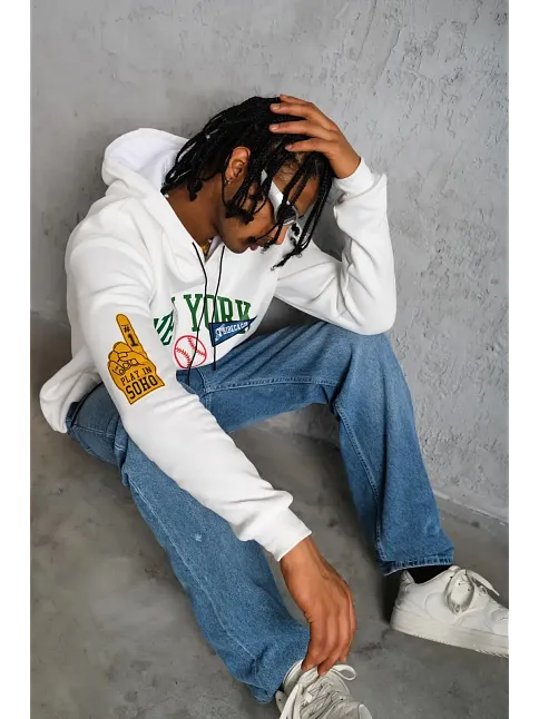 Erkek 3 İplik Pamuklu Kapüşonlu Baskılı Cepli Oversize Sweatshirt Hoodie - Beyaz