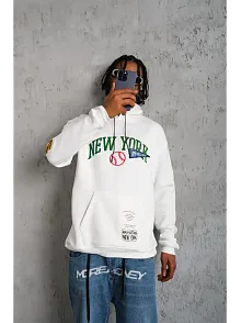 Erkek 3 İplik Pamuklu Kapüşonlu Baskılı Cepli Oversize Sweatshirt Hoodie - Beyaz