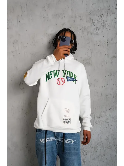 Erkek 3 İplik Pamuklu Kapüşonlu Baskılı Cepli Oversize Sweatshirt Hoodie - Beyaz
