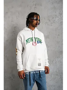 Erkek 3 İplik Pamuklu Kapüşonlu Baskılı Cepli Oversize Sweatshirt Hoodie - Beyaz