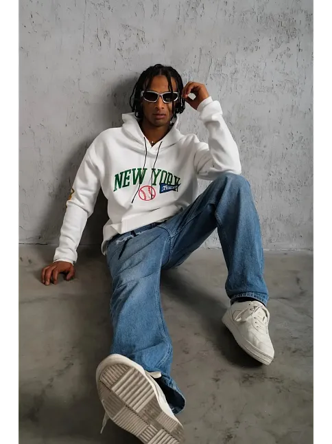 Erkek 3 İplik Pamuklu Kapüşonlu Baskılı Cepli Oversize Sweatshirt Hoodie - Beyaz