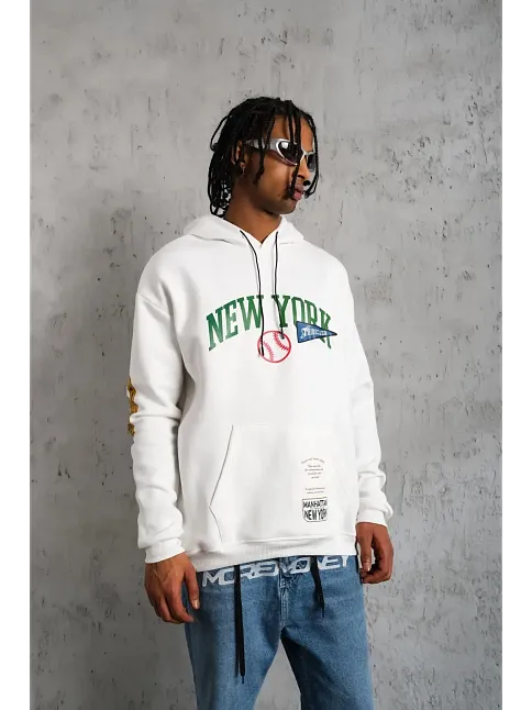Erkek 3 İplik Pamuklu Kapüşonlu Baskılı Cepli Oversize Sweatshirt Hoodie - Beyaz