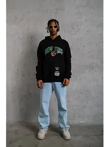 Erkek 3 İplik Pamuklu Kapüşonlu Baskılı Cepli Oversize Sweatshirt Hoodie - Siyah
