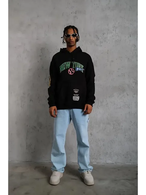 Erkek 3 İplik Pamuklu Kapüşonlu Baskılı Cepli Oversize Sweatshirt Hoodie - Siyah