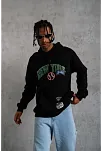 Erkek 3 İplik Pamuklu Kapüşonlu Baskılı Cepli Oversize Sweatshirt Hoodie - Siyah