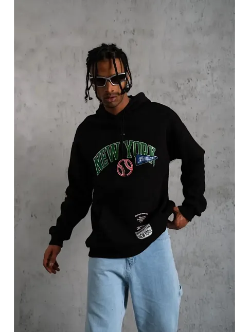 Erkek 3 İplik Pamuklu Kapüşonlu Baskılı Cepli Oversize Sweatshirt Hoodie - Siyah