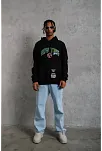 Erkek 3 İplik Pamuklu Kapüşonlu Baskılı Cepli Oversize Sweatshirt Hoodie - Siyah