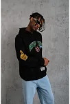 Erkek 3 İplik Pamuklu Kapüşonlu Baskılı Cepli Oversize Sweatshirt Hoodie - Siyah