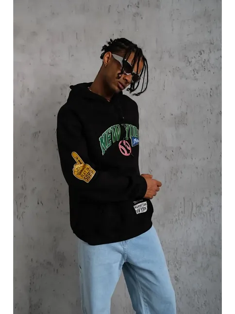 Erkek 3 İplik Pamuklu Kapüşonlu Baskılı Cepli Oversize Sweatshirt Hoodie - Siyah