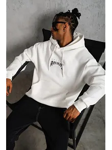 Erkek Baskılı Kapüşonlu Ve Kanguru Cepli Sweatshirt Hoodie - Beyaz