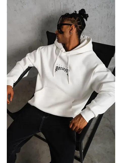 Erkek Baskılı Kapüşonlu Ve Kanguru Cepli Sweatshirt Hoodie - Beyaz