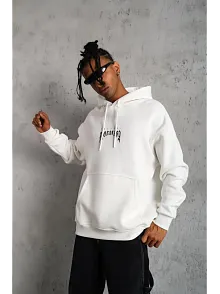 Erkek Baskılı Kapüşonlu Ve Kanguru Cepli Sweatshirt Hoodie - Beyaz