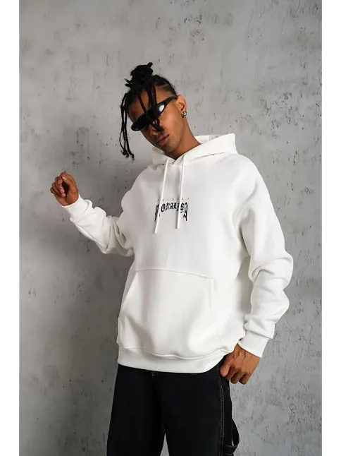 Erkek Baskılı Kapüşonlu Ve Kanguru Cepli Sweatshirt Hoodie - Beyaz