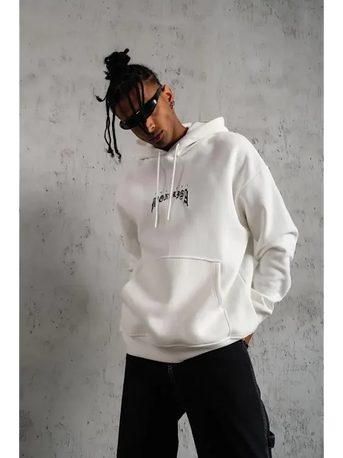 Erkek Baskılı Kapüşonlu Ve Kanguru Cepli Sweatshirt Hoodie - Beyaz