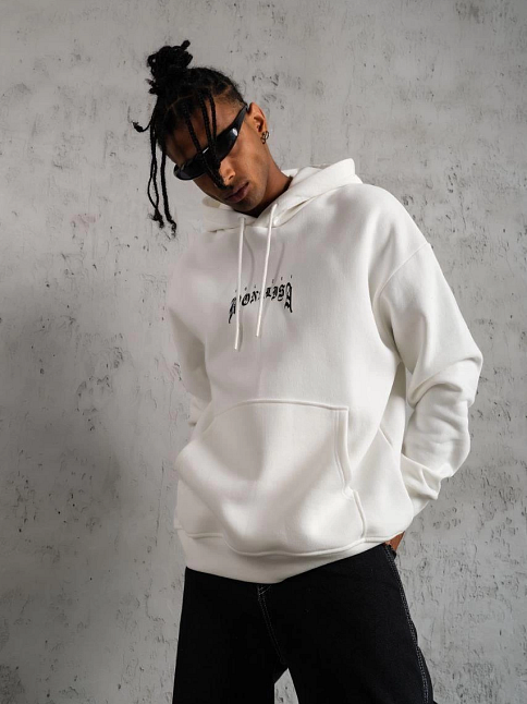 Erkek Baskılı Kapüşonlu Ve Kanguru Cepli Sweatshirt Hoodie - Beyaz