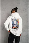 Erkek Baskılı Kapüşonlu Ve Kanguru Cepli Sweatshirt Hoodie - Beyaz