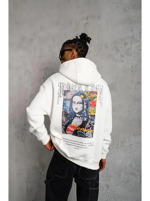 Erkek Baskılı Kapüşonlu Ve Kanguru Cepli Sweatshirt Hoodie - Beyaz