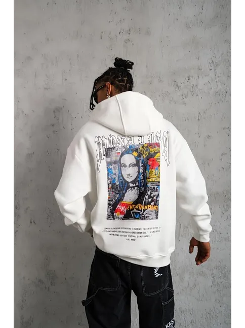 Erkek Baskılı Kapüşonlu Ve Kanguru Cepli Sweatshirt Hoodie - Beyaz