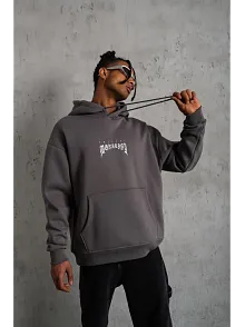 Erkek 3 İplik Pamuklu Kapüşonlu Baskılı Cepli Oversize Sweatshirt Hoodie - Gri
