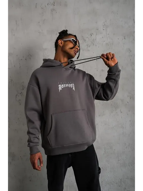 Erkek 3 İplik Pamuklu Kapüşonlu Baskılı Cepli Oversize Sweatshirt Hoodie - Gri