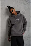 Erkek 3 İplik Pamuklu Kapüşonlu Baskılı Cepli Oversize Sweatshirt Hoodie - Gri