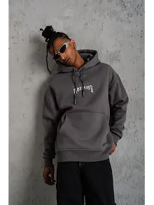 Erkek 3 İplik Pamuklu Kapüşonlu Baskılı Cepli Oversize Sweatshirt Hoodie - Gri