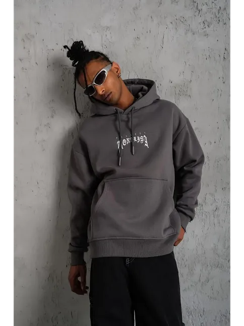 Erkek 3 İplik Pamuklu Kapüşonlu Baskılı Cepli Oversize Sweatshirt Hoodie - Gri