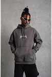 Erkek 3 İplik Pamuklu Kapüşonlu Baskılı Cepli Oversize Sweatshirt Hoodie - Gri