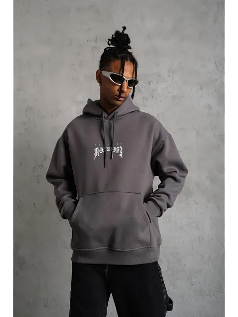 Erkek 3 İplik Pamuklu Kapüşonlu Baskılı Cepli Oversize Sweatshirt Hoodie - Gri