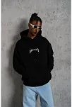Erkek Baskılı Kapüşonlu Ve Kanguru Cepli Sweatshirt Hoodie- Siyah