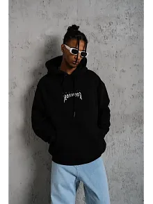 Erkek Baskılı Kapüşonlu Ve Kanguru Cepli Sweatshirt Hoodie- Siyah