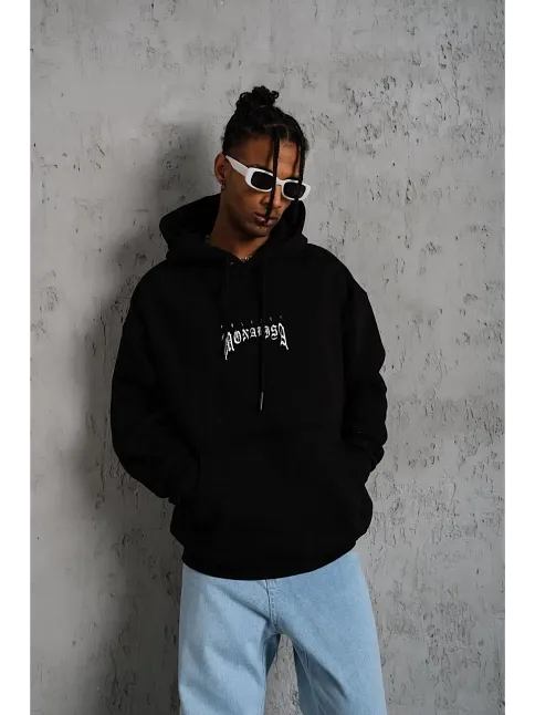 Erkek Baskılı Kapüşonlu Ve Kanguru Cepli Sweatshirt Hoodie- Siyah