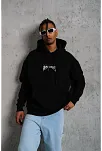 Erkek Baskılı Kapüşonlu Ve Kanguru Cepli Sweatshirt Hoodie- Siyah