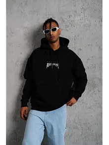 Erkek Baskılı Kapüşonlu Ve Kanguru Cepli Sweatshirt Hoodie- Siyah
