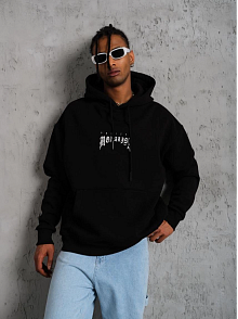 Erkek Baskılı Kapüşonlu Ve Kanguru Cepli Sweatshirt Hoodie- Siyah