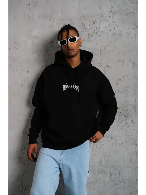 Erkek Baskılı Kapüşonlu Ve Kanguru Cepli Sweatshirt Hoodie- Siyah