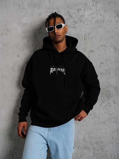 Erkek Baskılı Kapüşonlu Ve Kanguru Cepli Sweatshirt Hoodie- Siyah