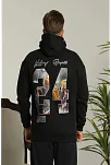Erkek 3 İplik Pamuklu Kapüşonlu Baskılı Cepli Oversize Sweatshirt Hoodie - Siyah