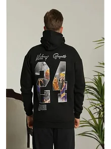 Erkek 3 İplik Pamuklu Kapüşonlu Baskılı Cepli Oversize Sweatshirt Hoodie - Siyah