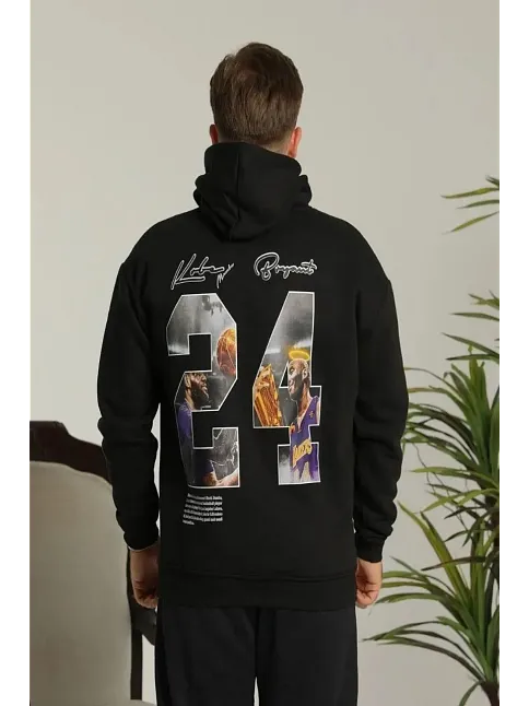 Erkek 3 İplik Pamuklu Kapüşonlu Baskılı Cepli Oversize Sweatshirt Hoodie - Siyah
