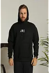Erkek 3 İplik Pamuklu Kapüşonlu Baskılı Cepli Oversize Sweatshirt Hoodie - Siyah