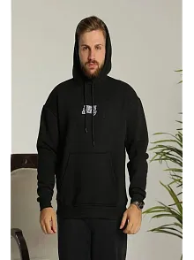Erkek 3 İplik Pamuklu Kapüşonlu Baskılı Cepli Oversize Sweatshirt Hoodie - Siyah